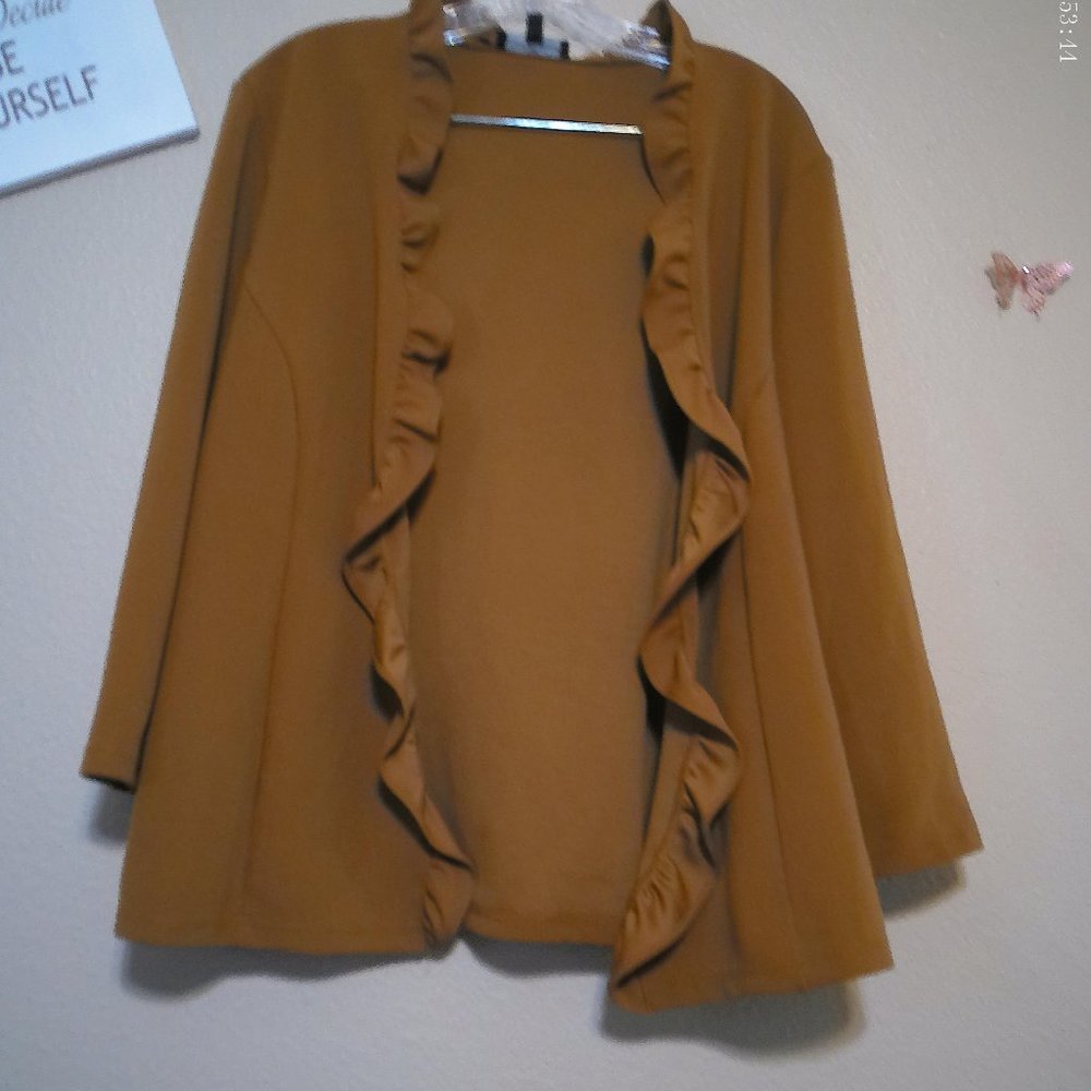 Open Front Lightweight Ruffle Trim Mocha Brown Blazer SZ XL by Slinky Brand